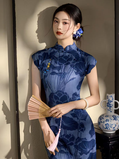Women's Blue Floral Qipao Cheongsam Dress – Midi Fitted – additional product view