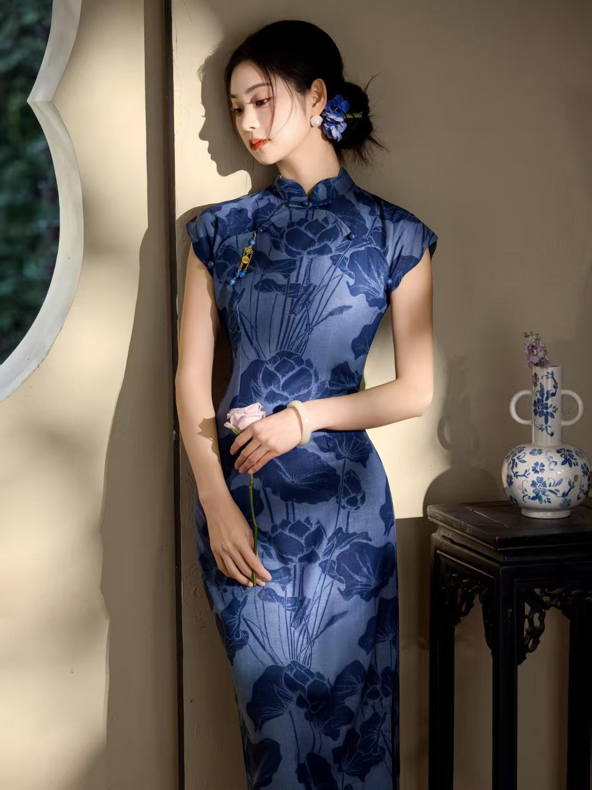 Women's Blue Floral Qipao Cheongsam Dress – Midi Fitted – additional product view