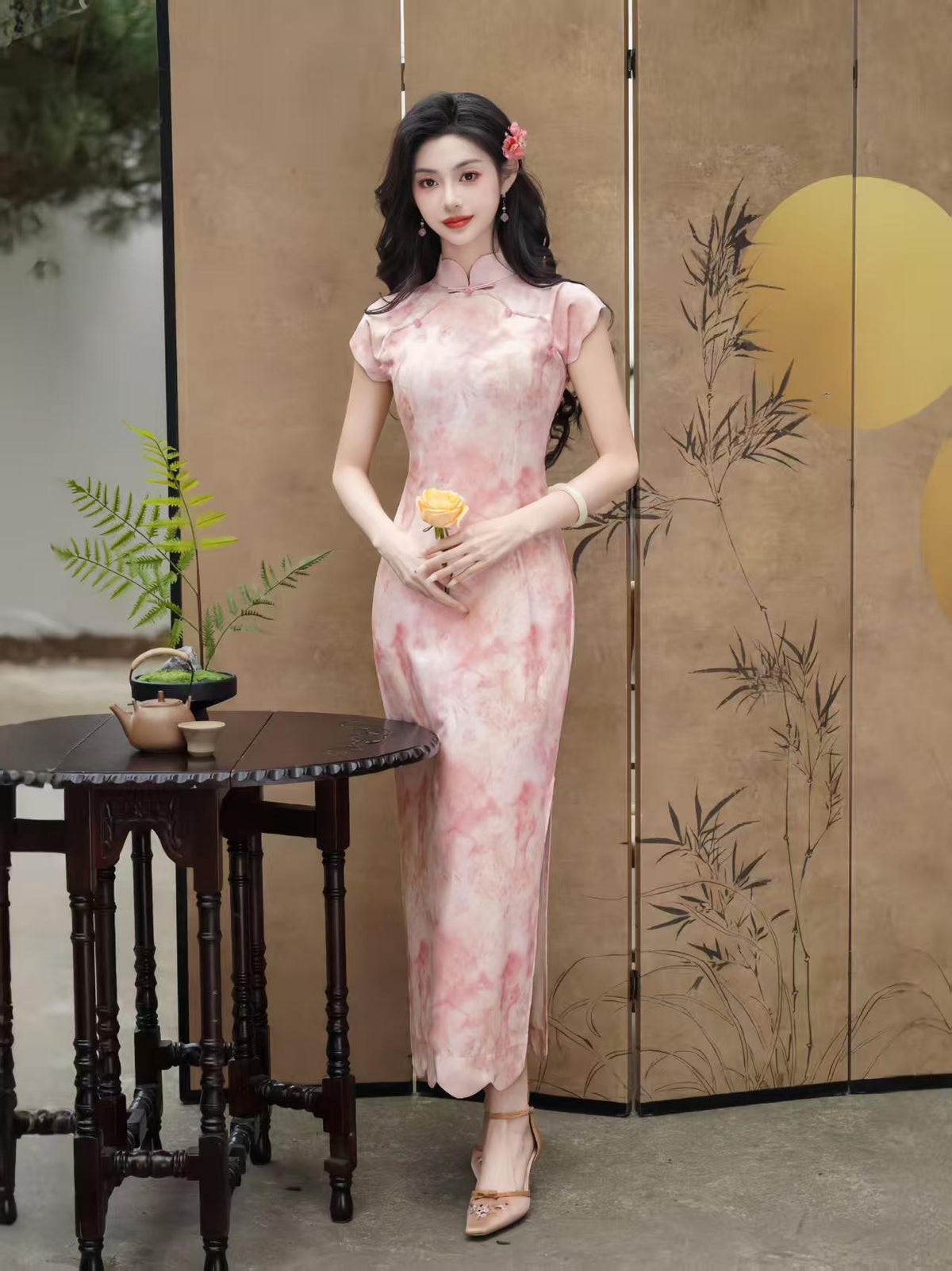 Women's Blue Vintage Qipao Cheongsam Dress – Linen Midi Fitted – additional product view