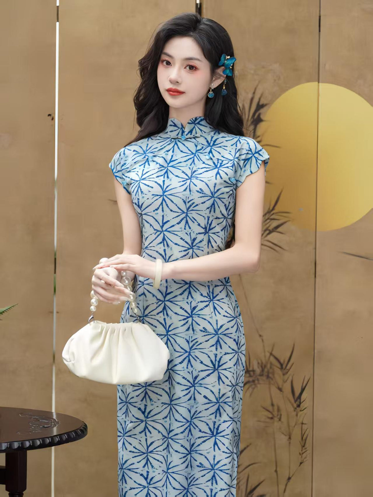Women's Blue Vintage Qipao Cheongsam Dress – Linen Midi Fitted – additional product view