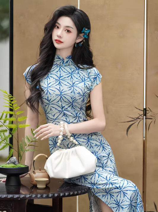 Women's Blue Vintage Qipao Cheongsam Dress – Linen Midi Fitted