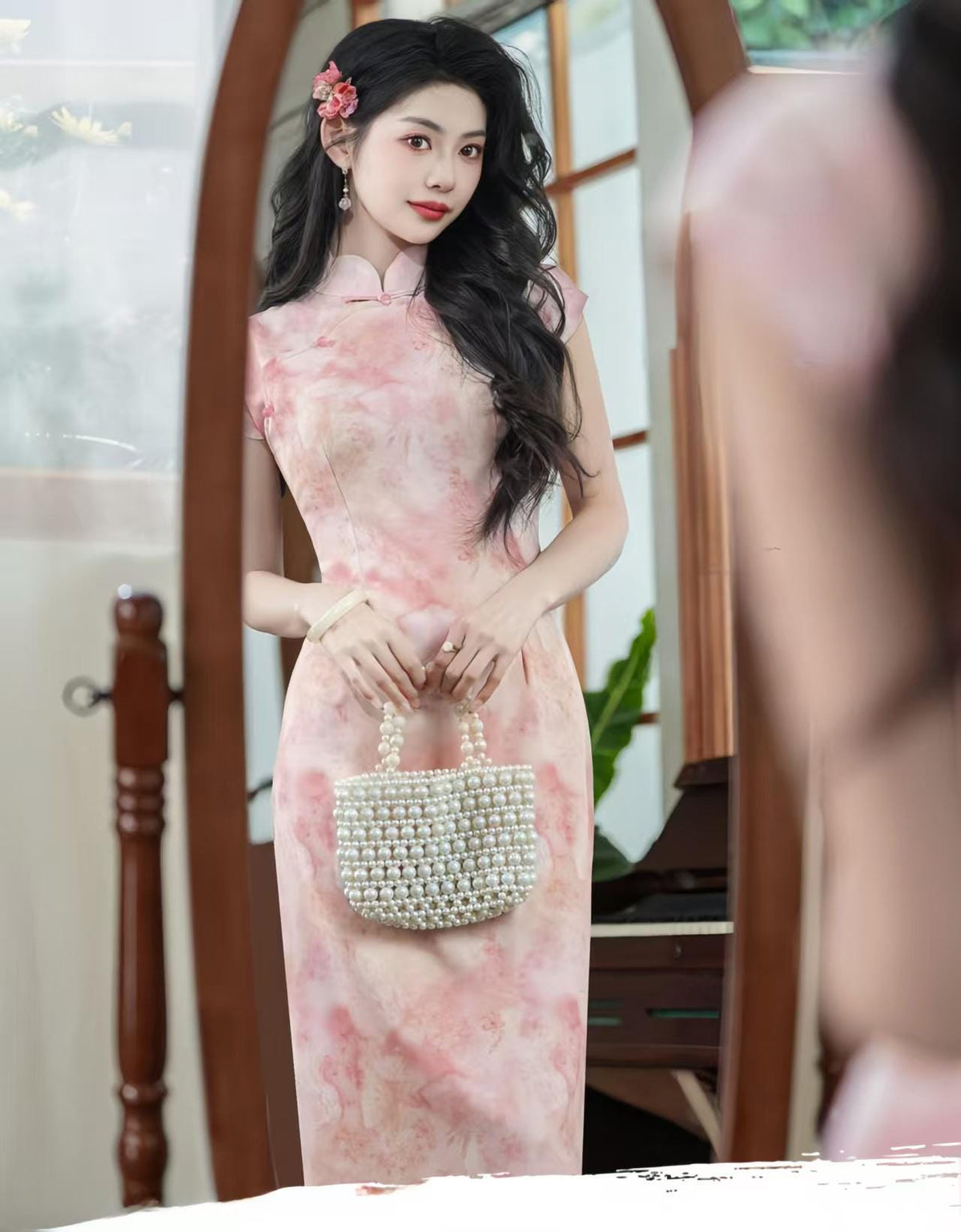Women's Blue Vintage Qipao Cheongsam Dress – Linen Midi Fitted – additional product view
