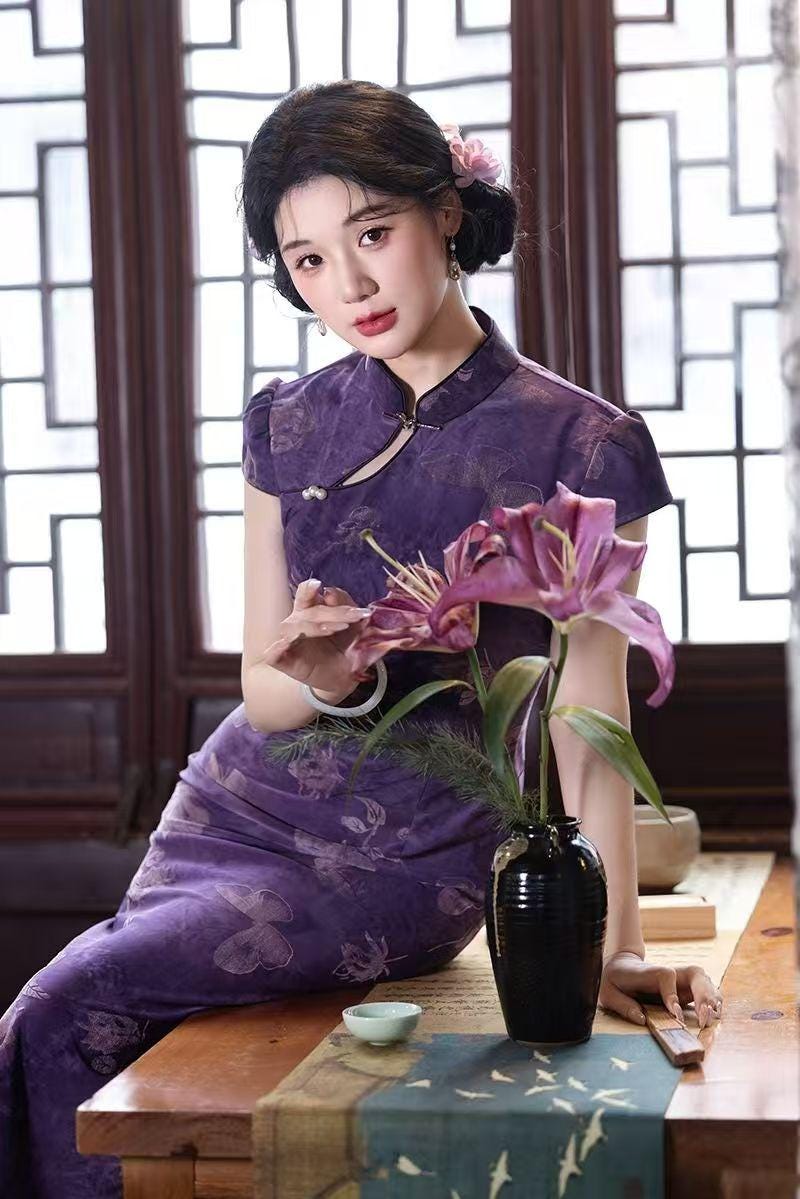 Women's Purple Vintage Qipao Cheongsam Dress – Fitted – additional product view