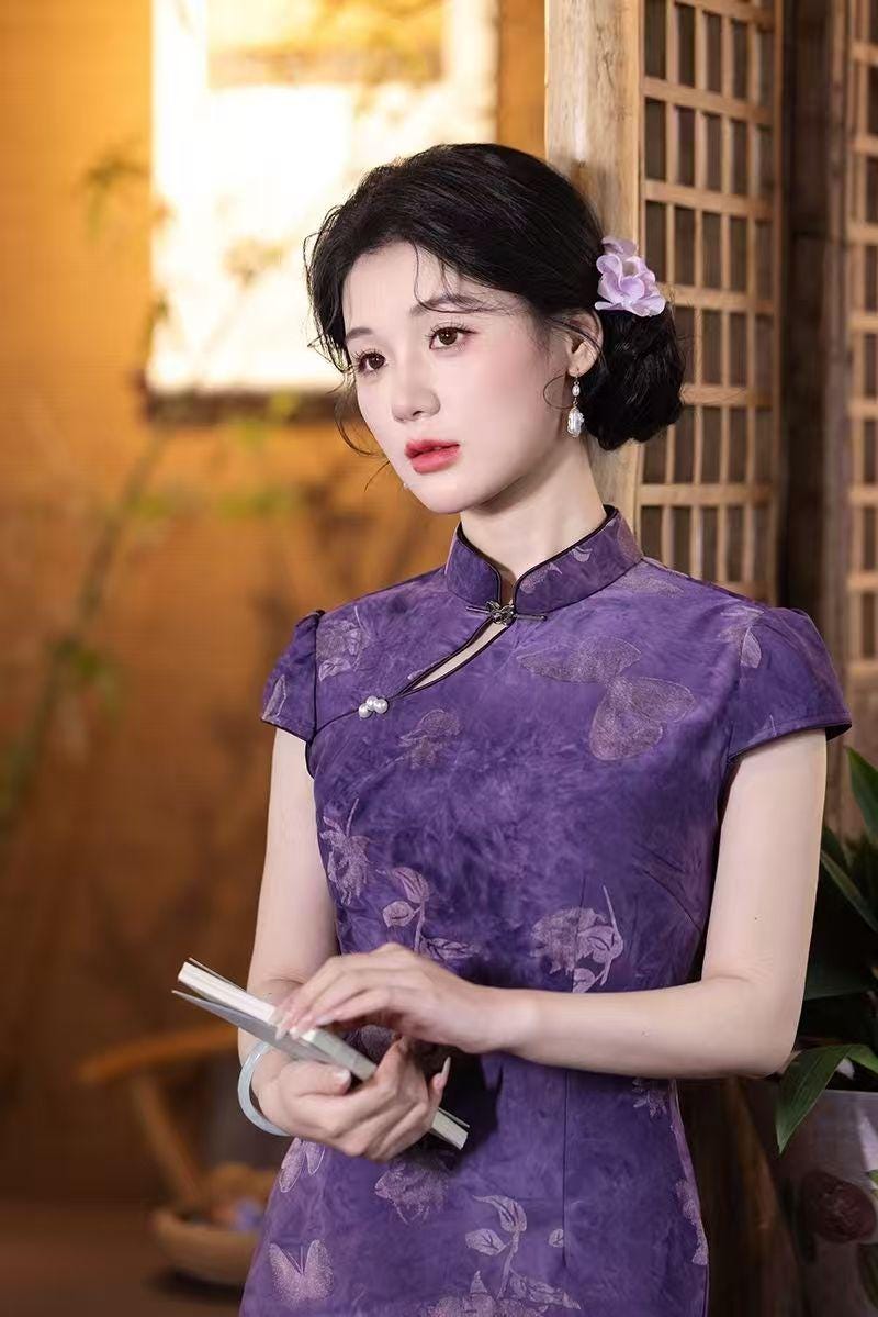 Women's Purple Vintage Qipao Cheongsam Dress – Fitted – additional product view