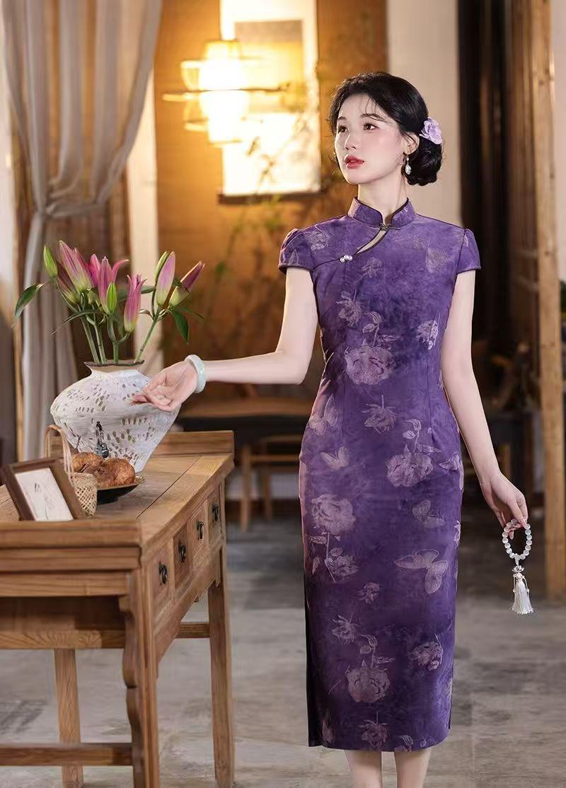 Women's Purple Vintage Qipao Cheongsam Dress – Fitted – additional product view