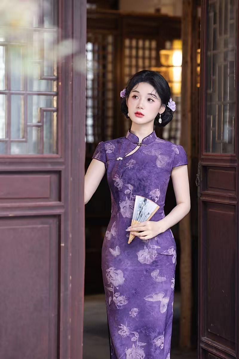 Women's Purple Vintage Qipao Cheongsam Dress – Fitted