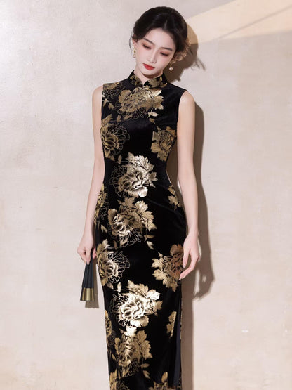 Women's Black Floral Velvet Qipao Cheongsam Dress – Midi – additional product view