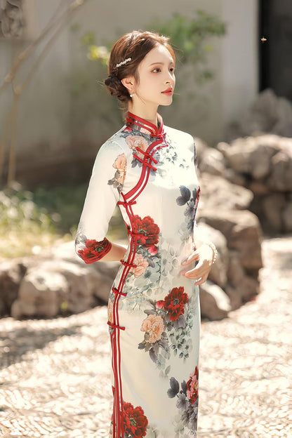Women's White Floral Qipao Cheongsam Dress – Midi Fitted – additional product view