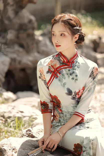 Women's White Floral Qipao Cheongsam Dress – Midi Fitted – additional product view