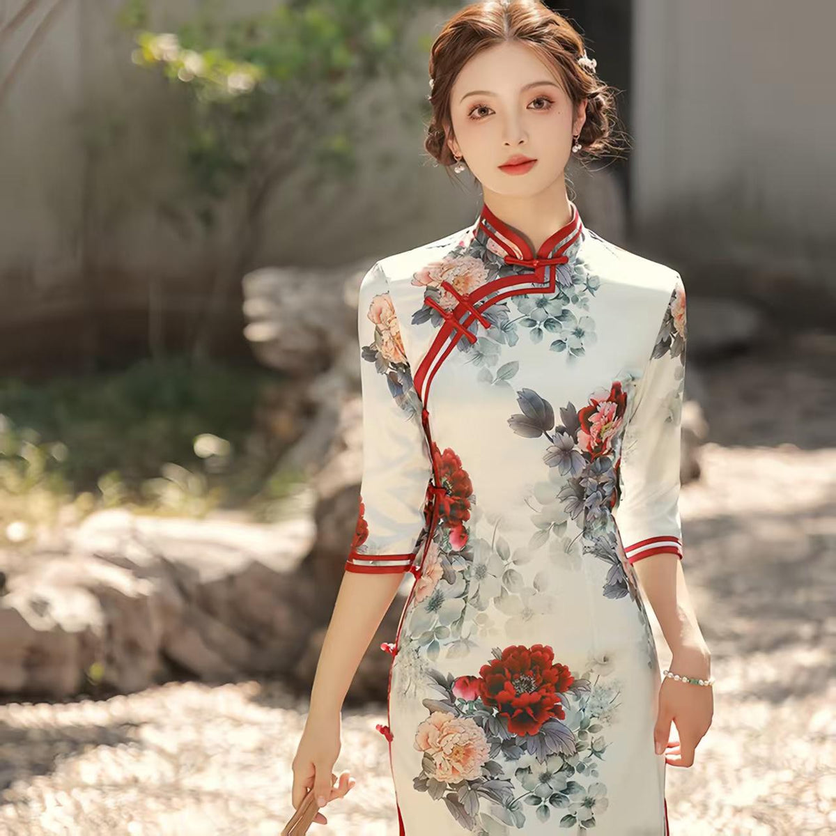 Women's White Floral Qipao Cheongsam Dress – Midi Fitted – additional product view