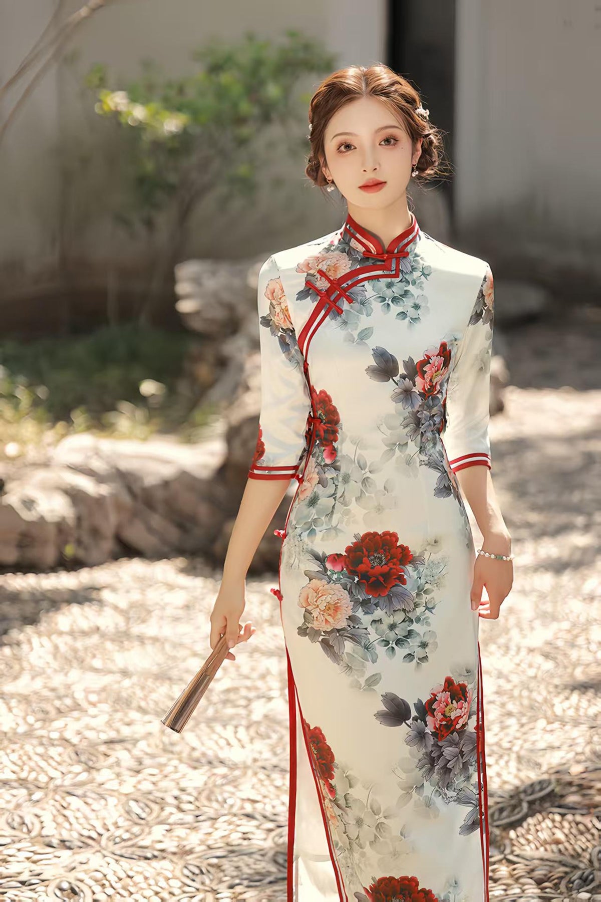 Women's White Floral Qipao Cheongsam Dress – Midi Fitted – additional product view