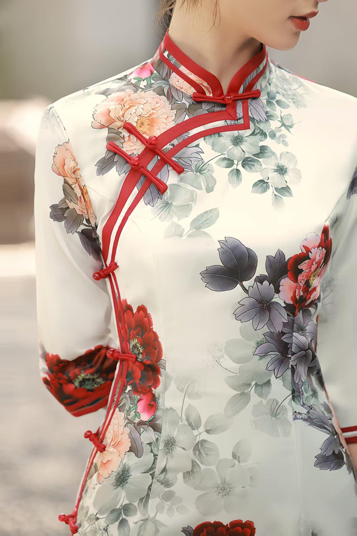 Women's White Floral Qipao Cheongsam Dress – Midi Fitted – additional product view
