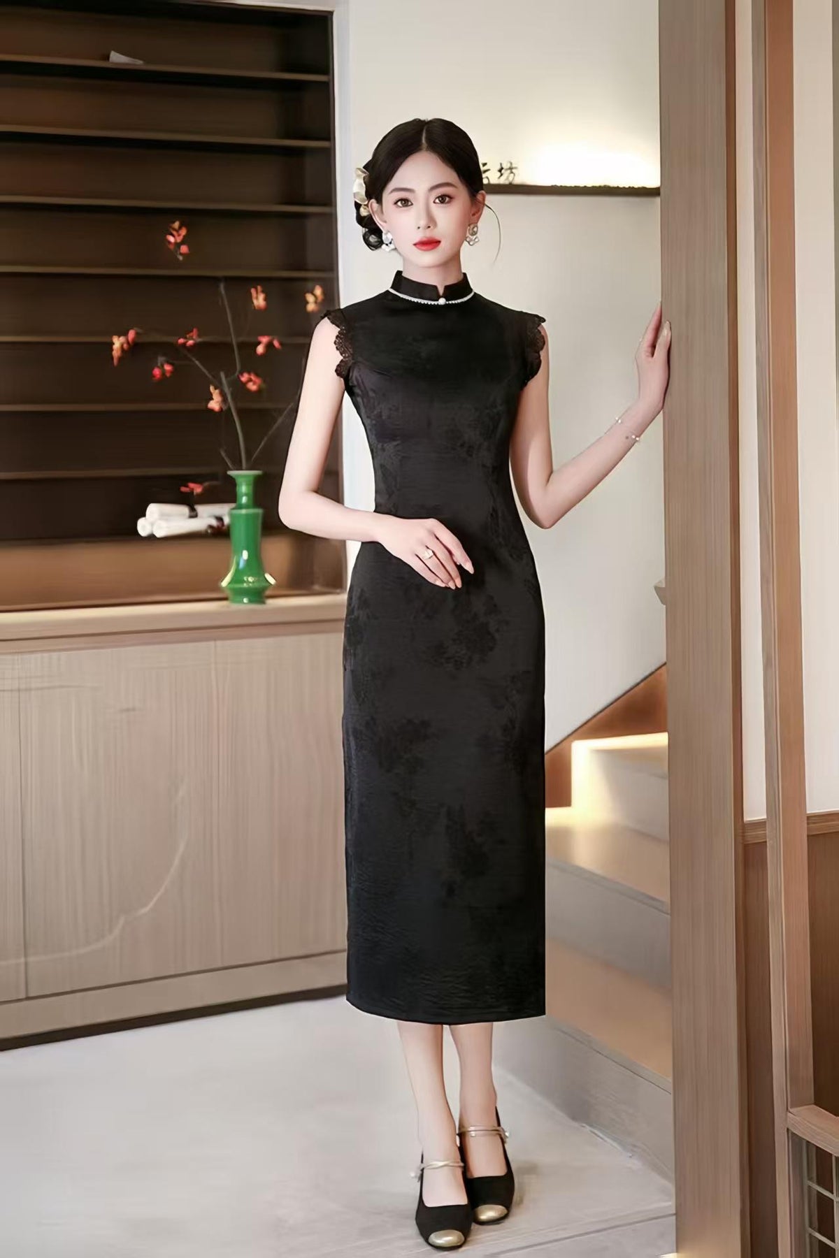 Women's Black Vintage Qipao Cheongsam Dress – Midi Fitted – additional product view