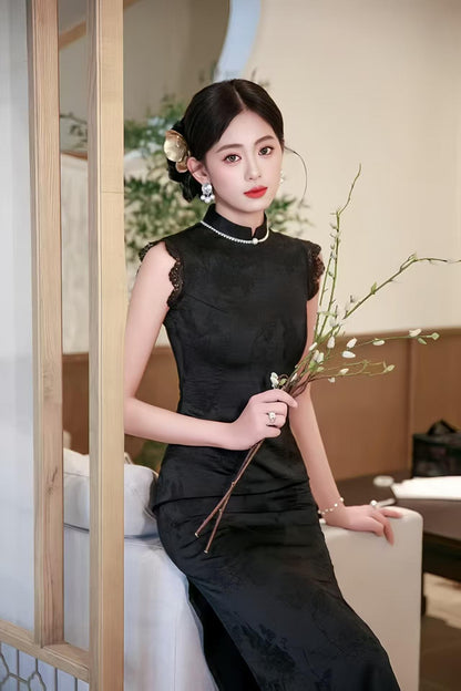 Women's Black Vintage Qipao Cheongsam Dress – Midi Fitted – additional product view