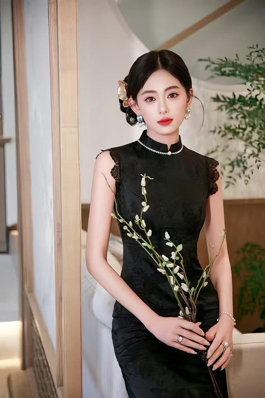 Women's Black Vintage Qipao Cheongsam Dress – Midi Fitted