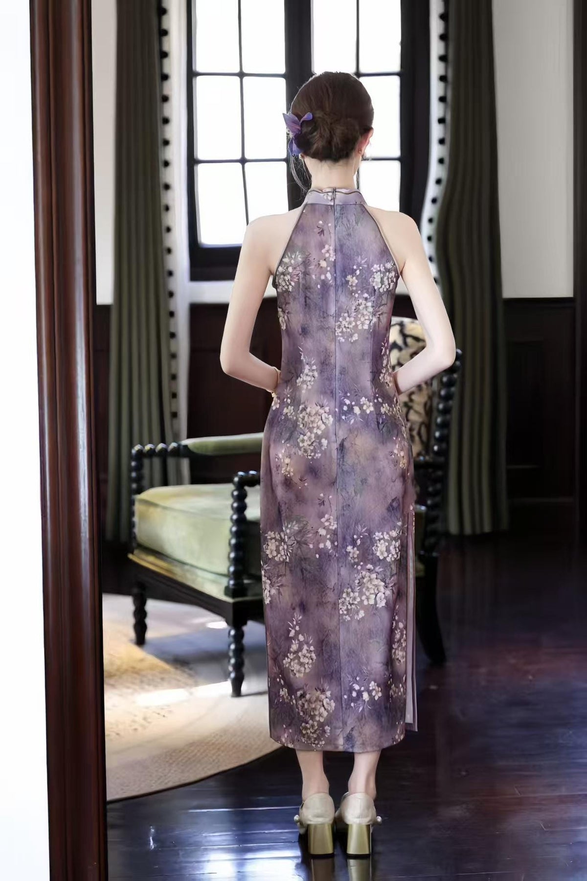Women's Purple Floral Qipao Cheongsam Dress – Jacquard Midi Fitted – additional product view