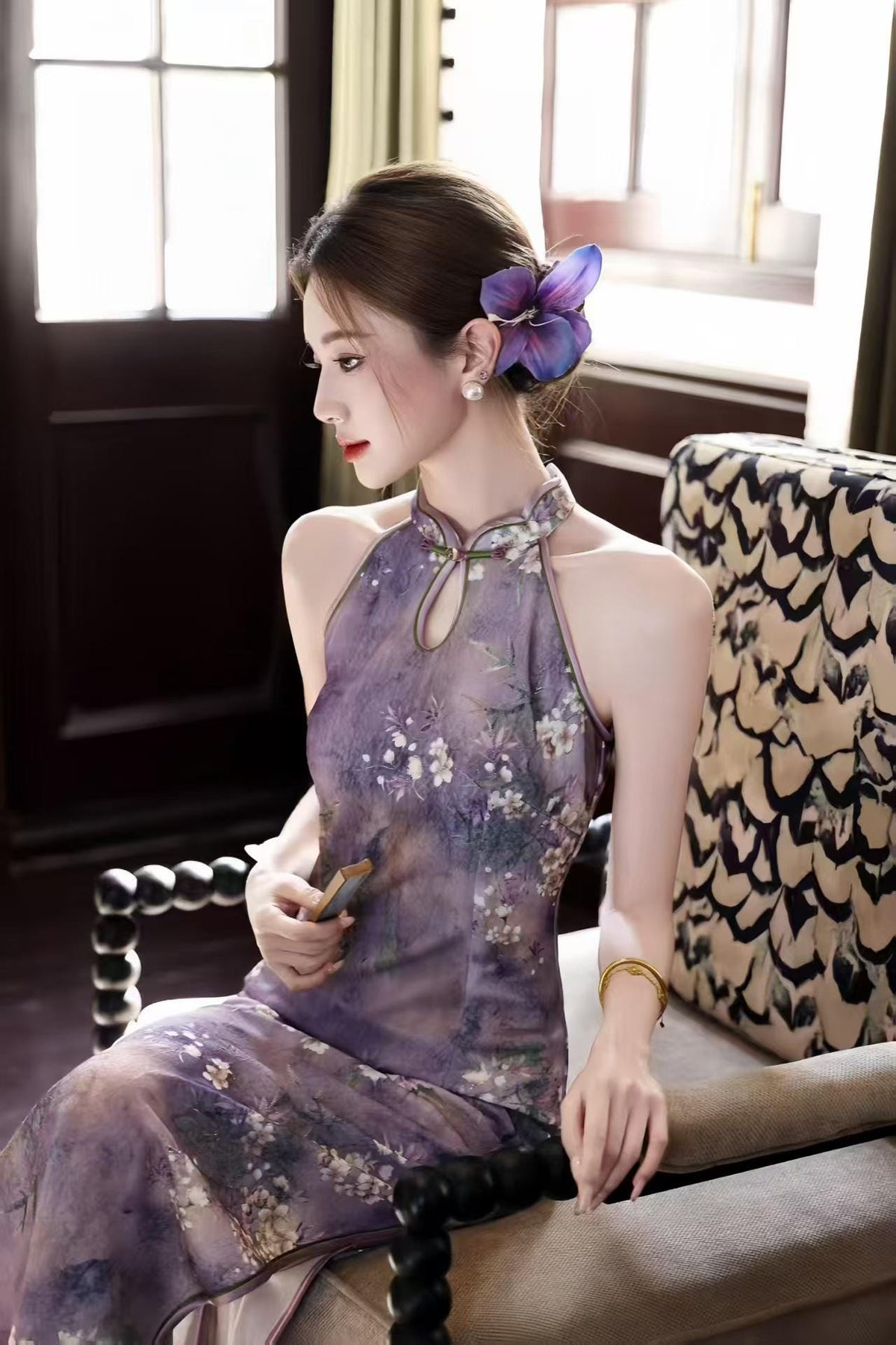 Women's Purple Floral Qipao Cheongsam Dress – Jacquard Midi Fitted – additional product view