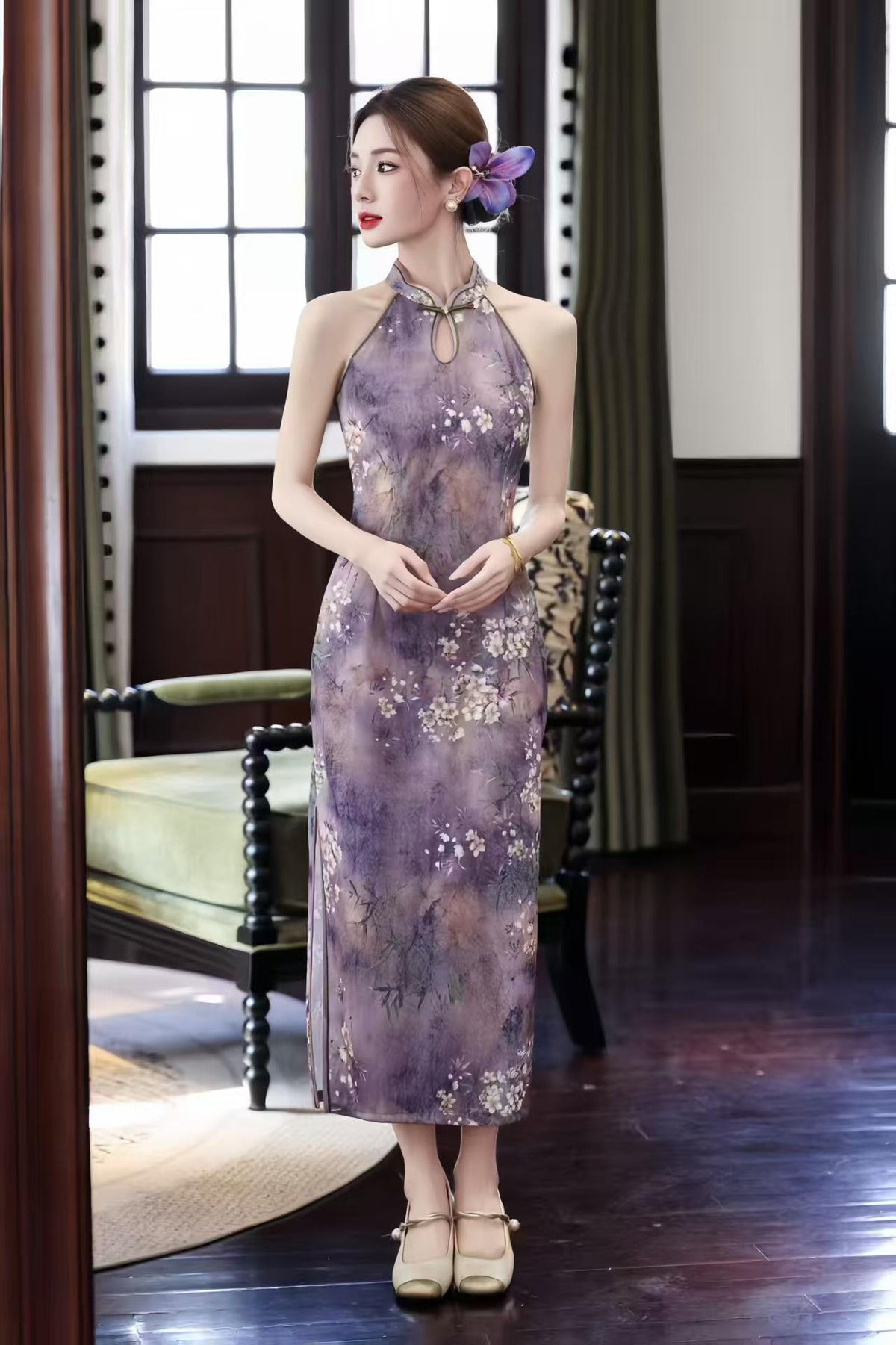 Women's Purple Floral Qipao Cheongsam Dress – Jacquard Midi Fitted – additional product view