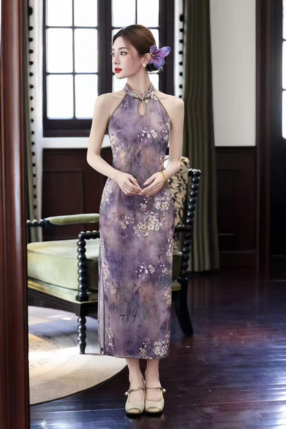Women's Purple Floral Qipao Cheongsam Dress – Jacquard Midi Fitted – additional product view