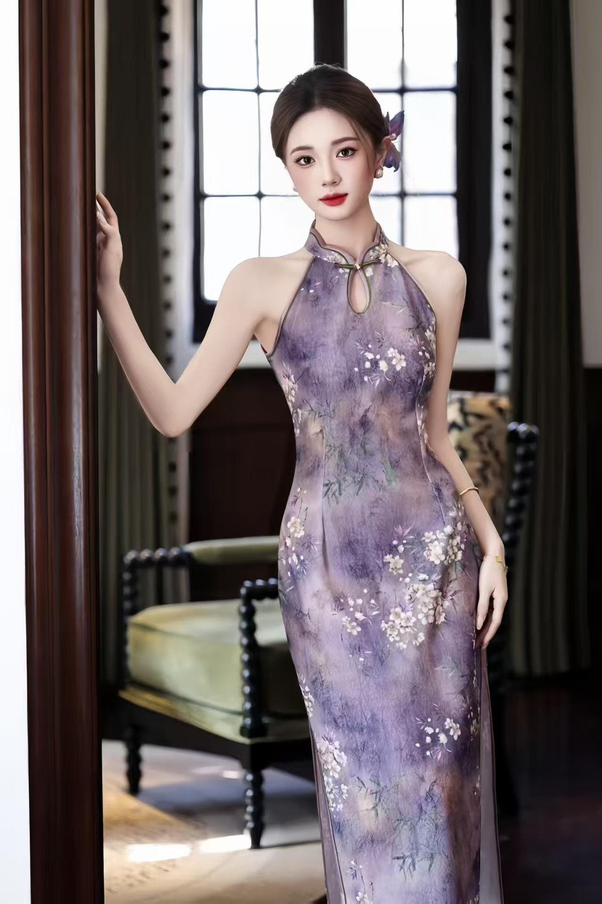Women's Purple Floral Qipao Cheongsam Dress – Jacquard Midi Fitted – additional product view