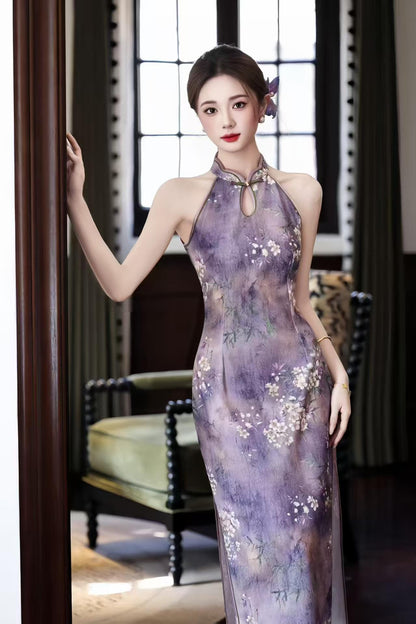 Women's Purple Floral Qipao Cheongsam Dress – Jacquard Midi Fitted – additional product view