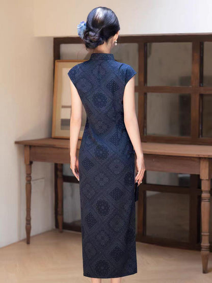 Women's Blue Vintage Qipao Cheongsam Dress – Half Sleeve – additional product view