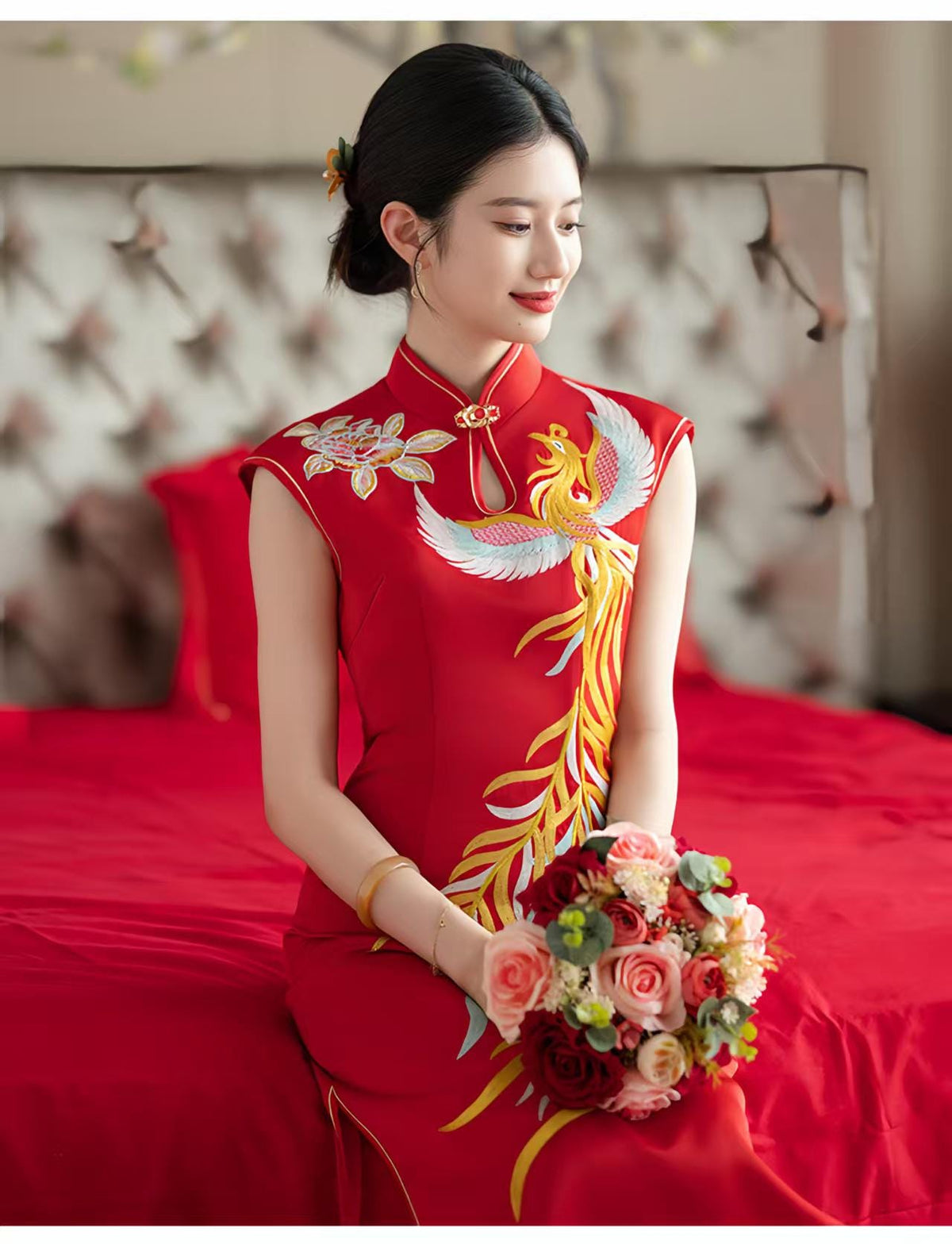 Women's Red Embroidered Qipao Cheongsam Dress – additional product view