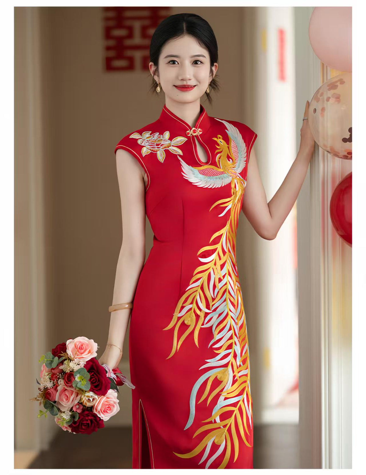 Women's Red Embroidered Qipao Cheongsam Dress – additional product view