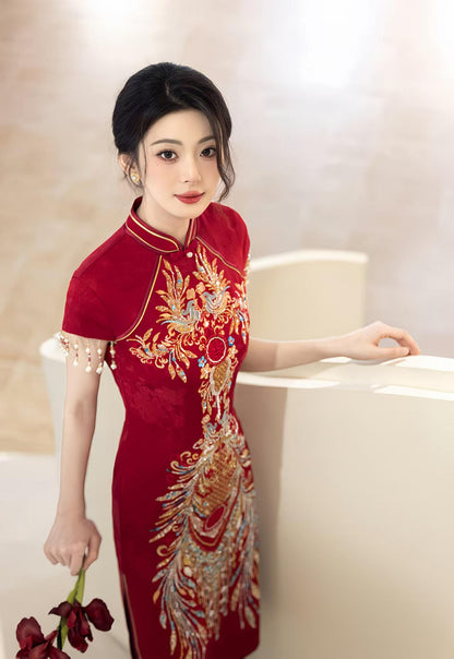 Women's Red Embroidered Qipao Cheongsam Dress – Maxi – additional product view