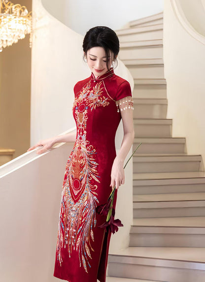 Women's Red Embroidered Qipao Cheongsam Dress – Maxi – additional product view