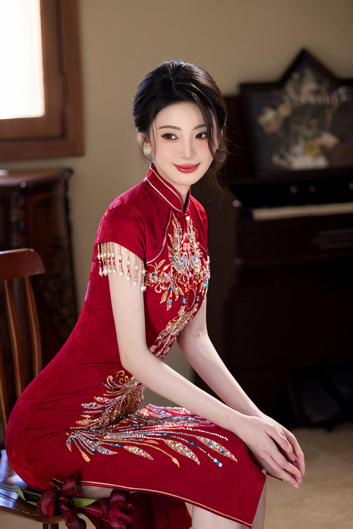 Women's Red Embroidered Qipao Cheongsam Dress – Maxi – additional product view