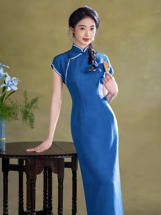 Women's Vintage Qipao Cheongsam Dress – Mandarin Collar Maxi Fitted