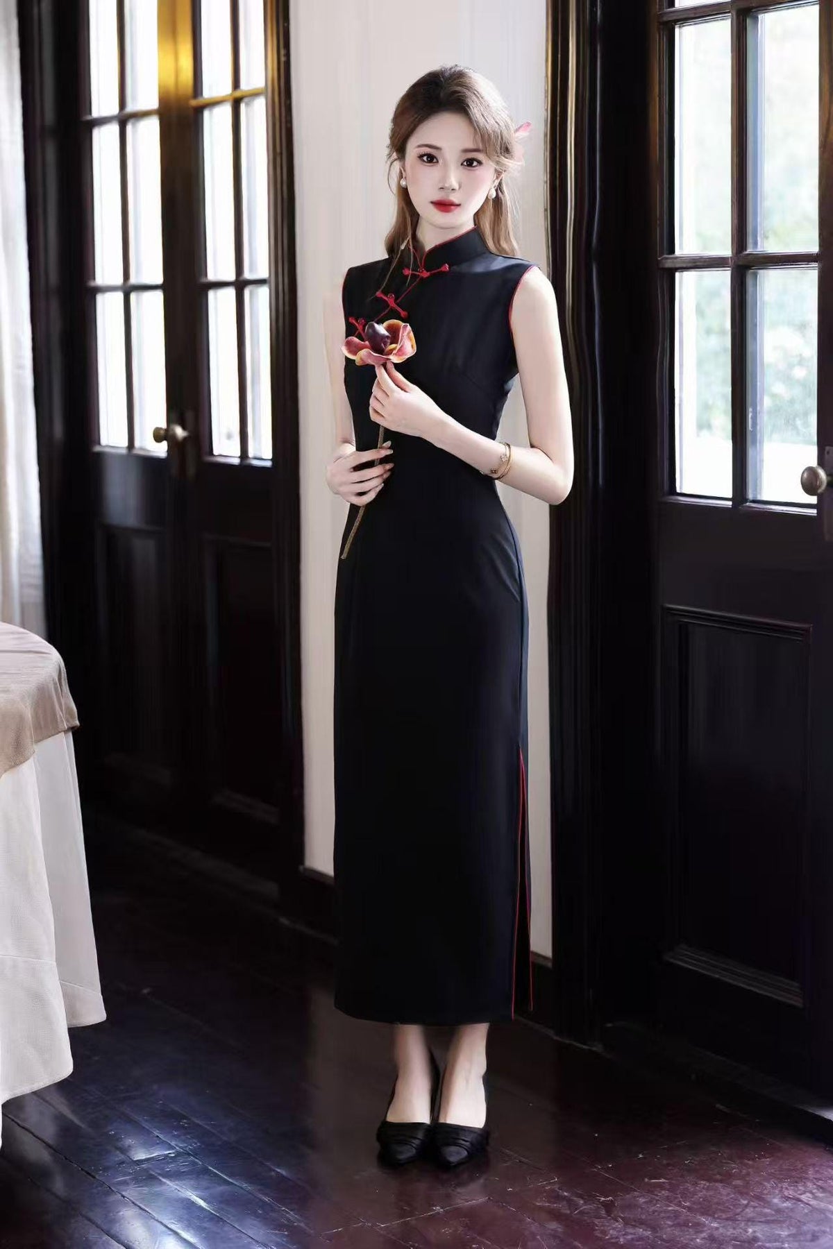 Women's Black Vintage Qipao Cheongsam Dress – Long Mandarin Collar – additional product view