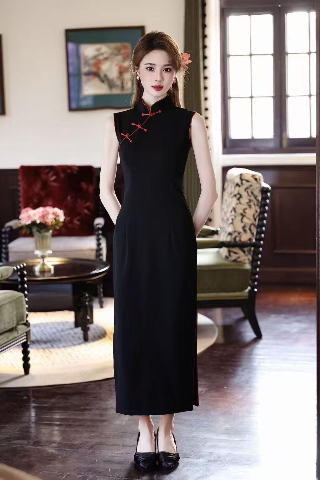 Women's Black Vintage Qipao Cheongsam Dress – Long Mandarin Collar – additional product view
