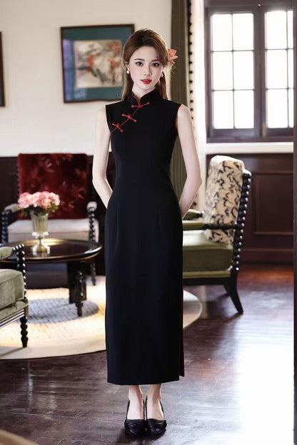 Women's Black Vintage Qipao Cheongsam Dress – Long Mandarin Collar – additional product view
