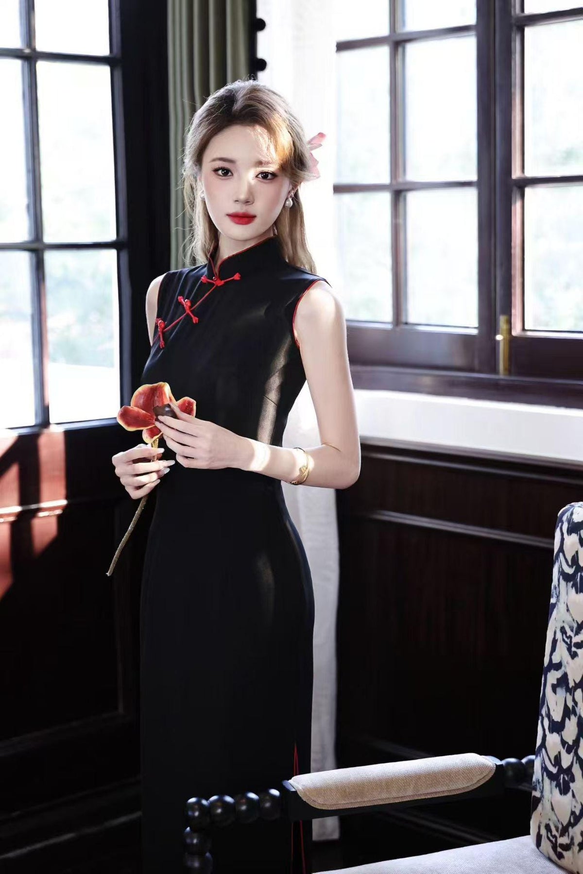 Women's Black Vintage Qipao Cheongsam Dress – Long Mandarin Collar – additional product view