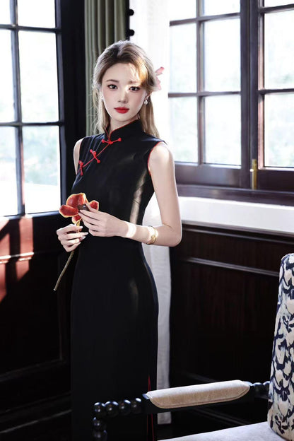 Women's Black Vintage Qipao Cheongsam Dress – Long Mandarin Collar – additional product view