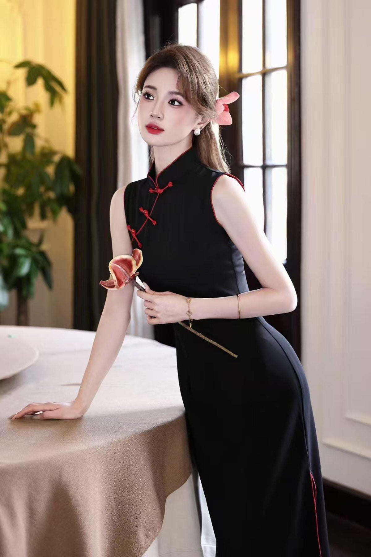 Women's Black Vintage Qipao Cheongsam Dress – Long Mandarin Collar – additional product view