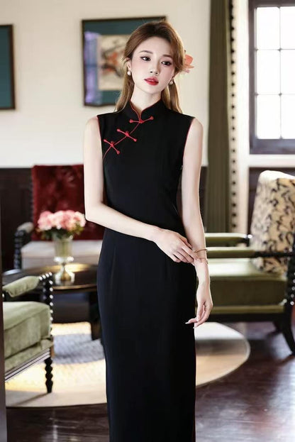 Women's Black Vintage Qipao Cheongsam Dress – Long Mandarin Collar – additional product view