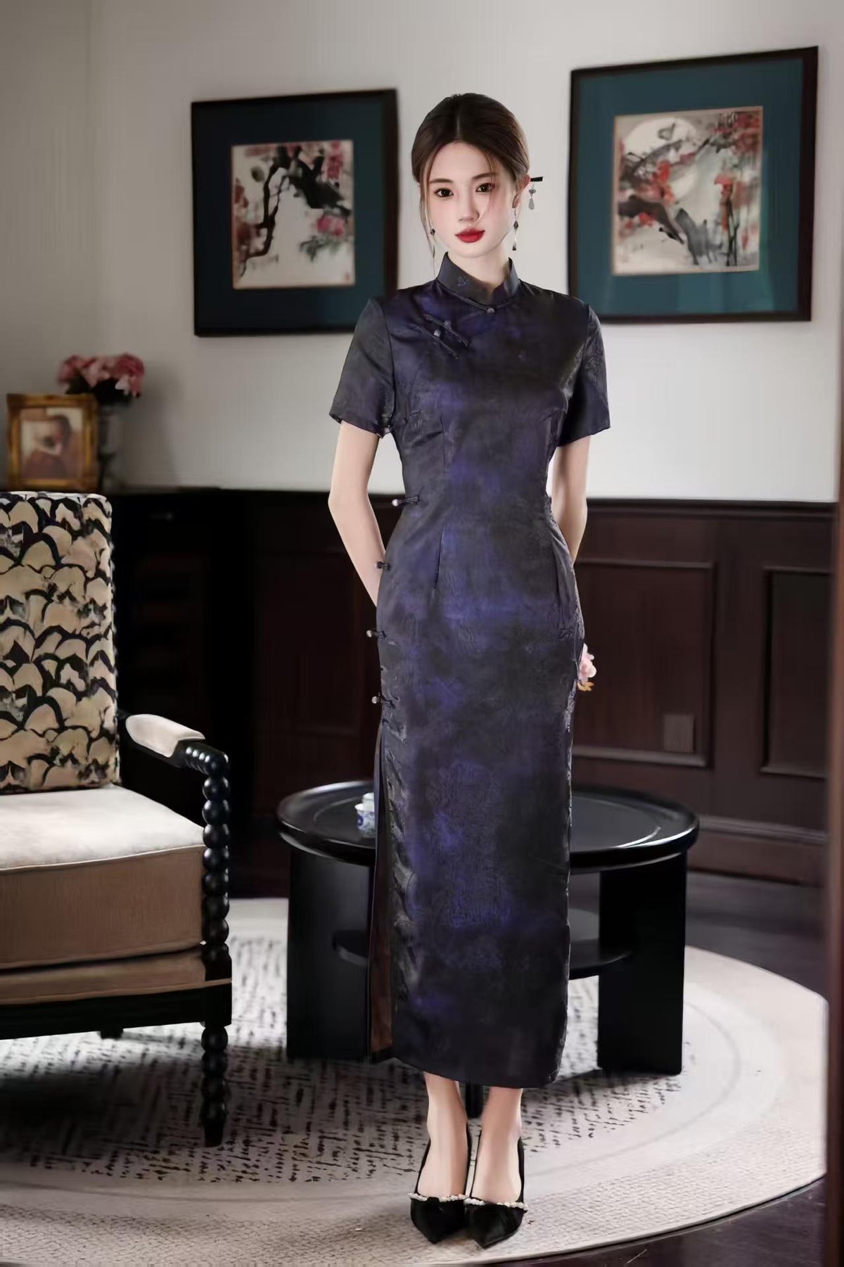 Women's Jacquard Qipao Cheongsam Dress – Purple Midi Fitted – additional product view