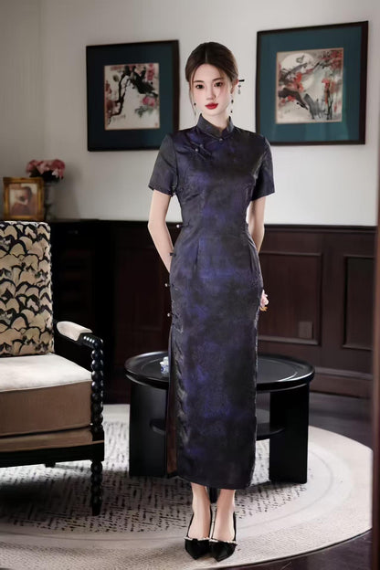 Women's Jacquard Qipao Cheongsam Dress – Purple Midi Fitted – additional product view