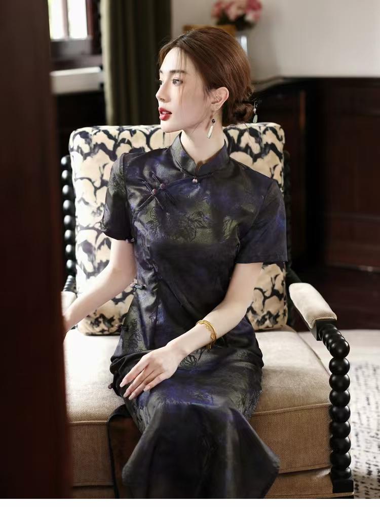 Women's Jacquard Qipao Cheongsam Dress – Purple Midi Fitted – additional product view