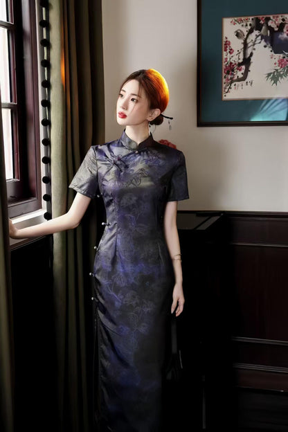 Women's Jacquard Qipao Cheongsam Dress – Purple Midi Fitted