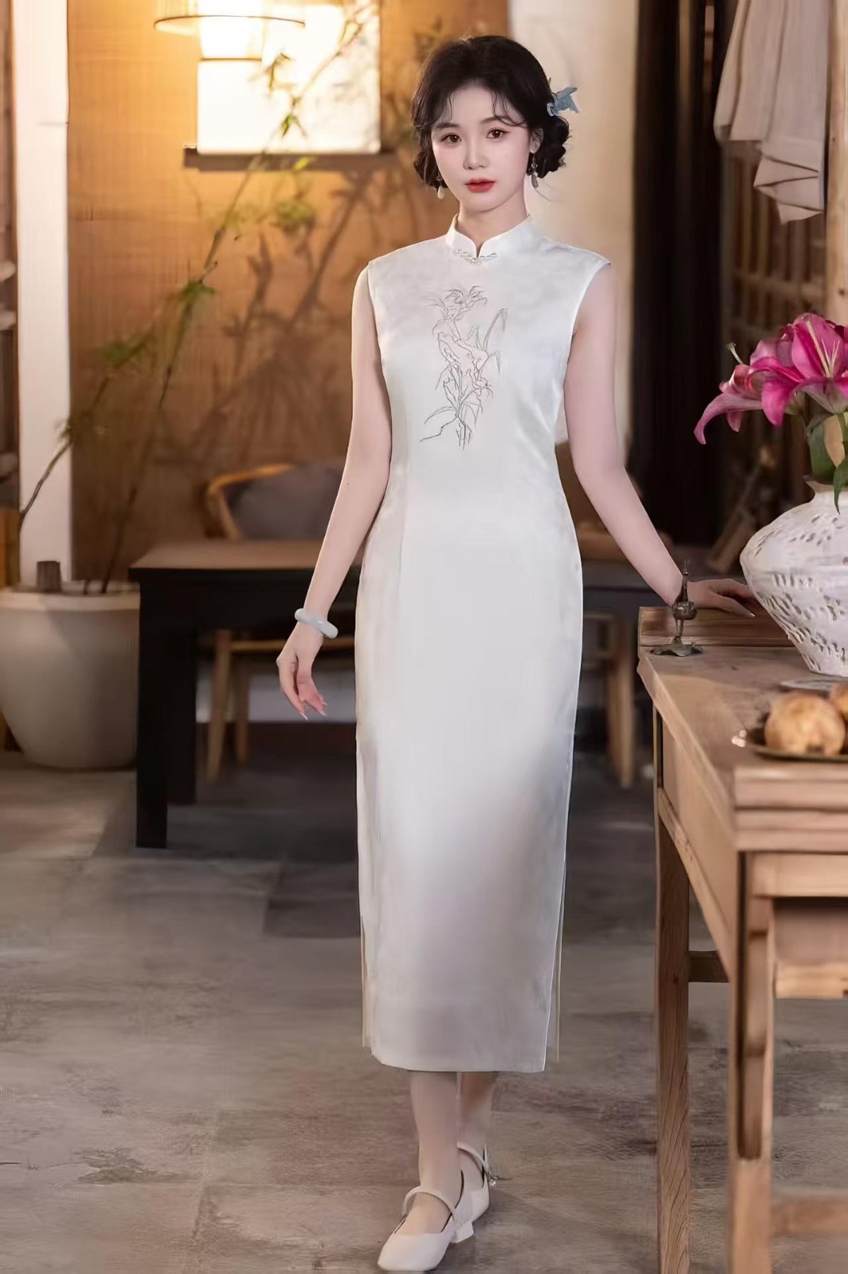 Women's White Vintage Qipao Cheongsam Dress – Jacquard Fitted – additional product view