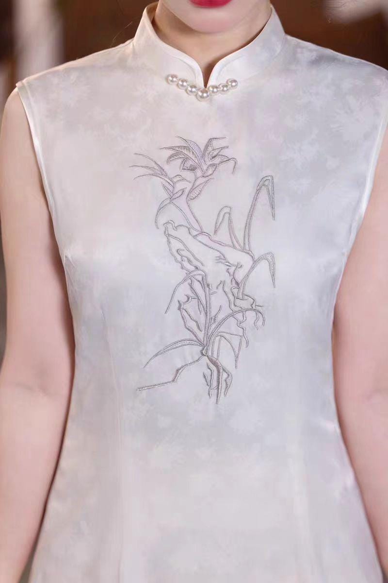 Women's White Vintage Qipao Cheongsam Dress – Jacquard Fitted – additional product view