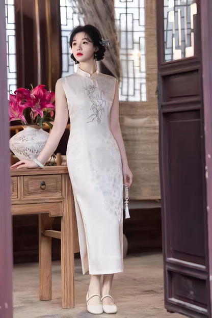 Women's White Vintage Qipao Cheongsam Dress – Jacquard Fitted – additional product view