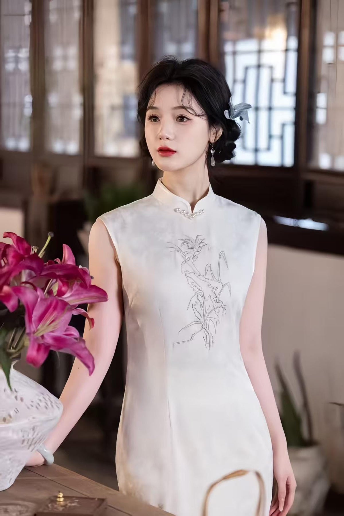 Women's White Vintage Qipao Cheongsam Dress – Jacquard Fitted – additional product view