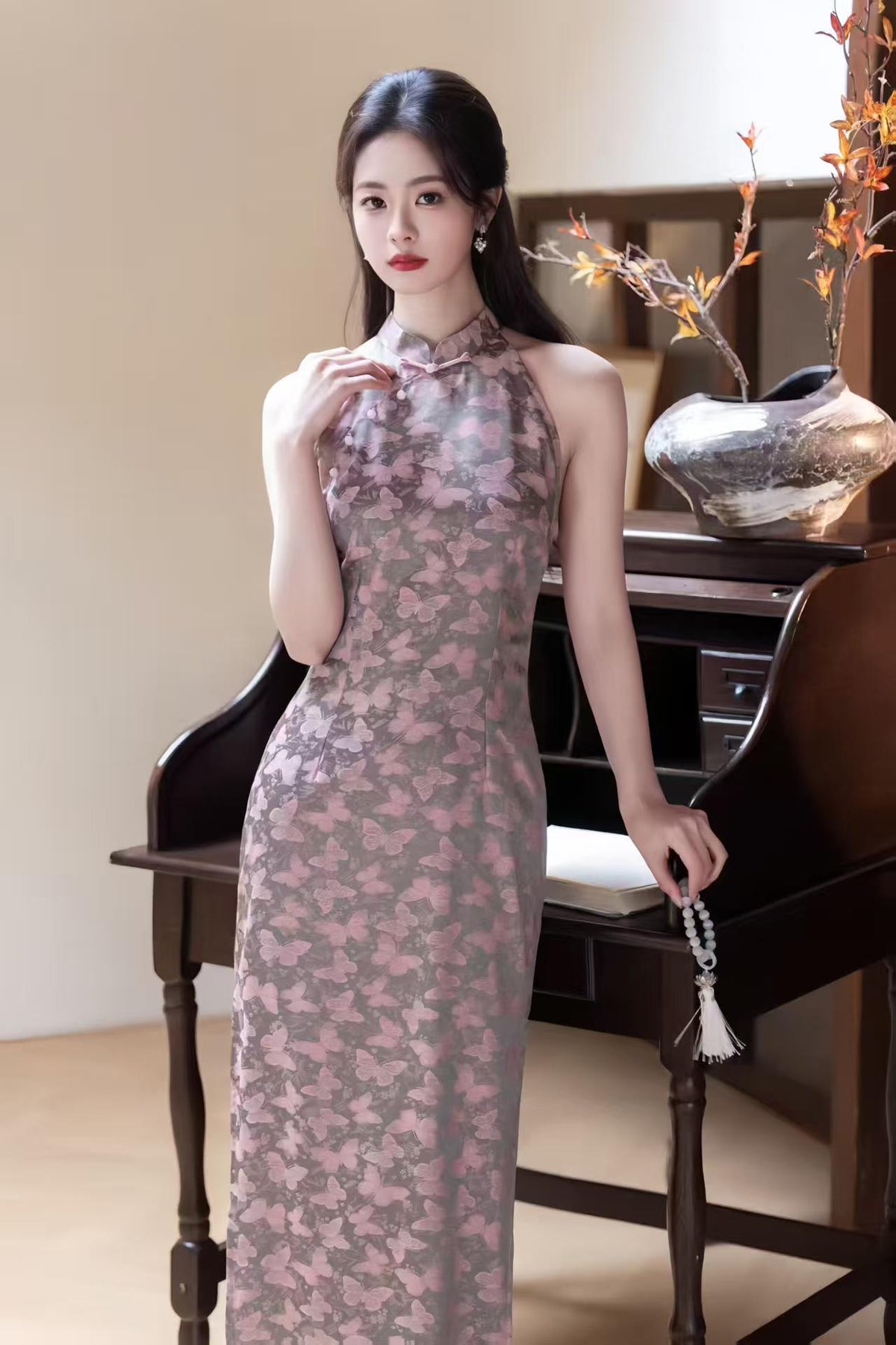 Women's Purple Floral Qipao Cheongsam Dress – Jacquard Fitted – additional product view