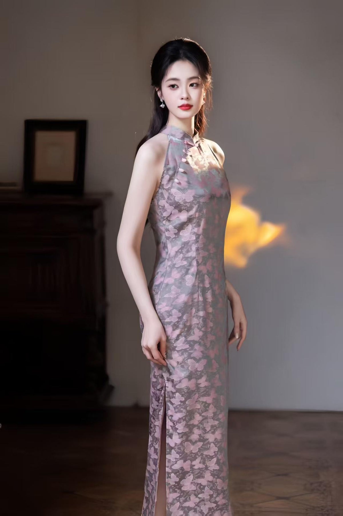 Women's Purple Floral Qipao Cheongsam Dress – Jacquard Fitted – additional product view