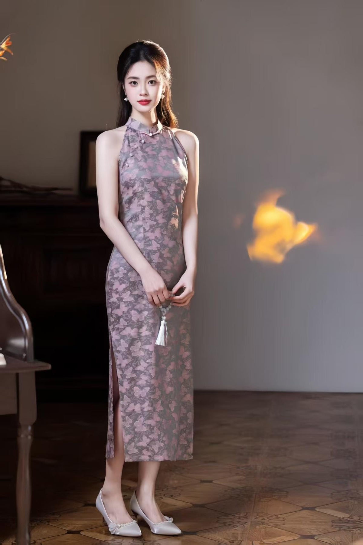 Women's Purple Floral Qipao Cheongsam Dress – Jacquard Fitted – additional product view